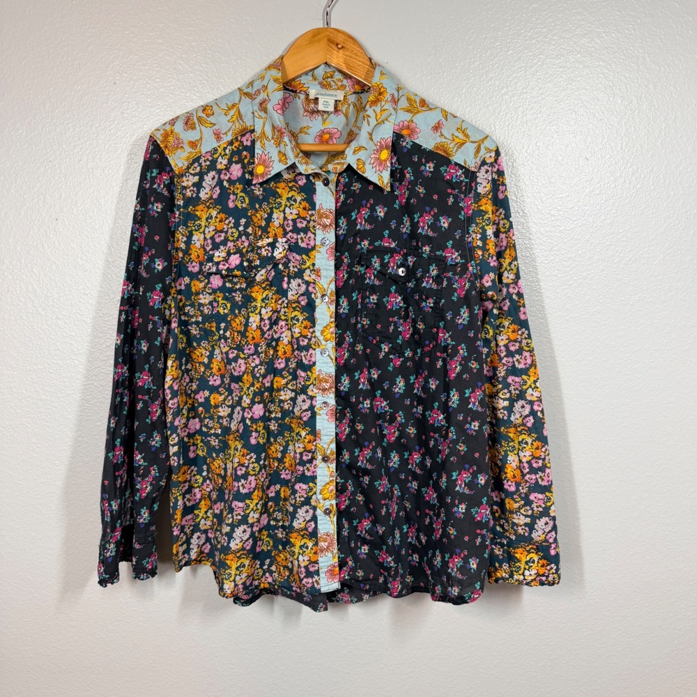 Sundance Button Down Women's PXL Multicolor Floral Patchwork Long Sleeve Top